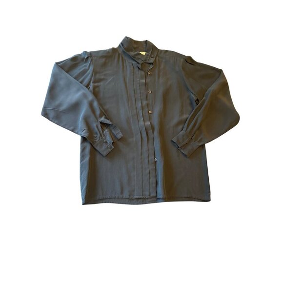 Vintage St. Emilon Womens Black Silk Button-Up Blouse With Pleated Front & High - Picture 1 of 5
